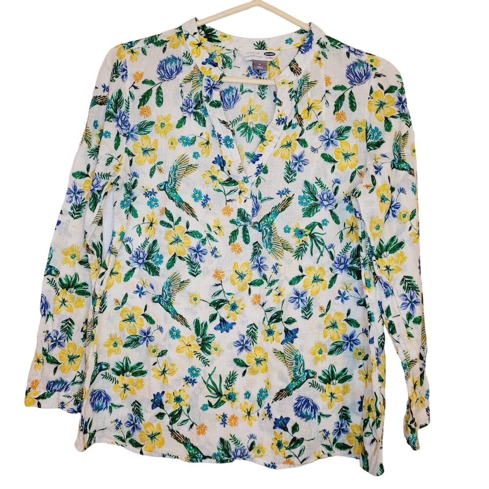 Old Navy linen yellow and blue bird floral print top Size Med Tropical Resort